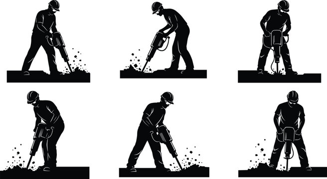 Construction workers operating jackhammers, industrial labor silhouettes, safety gear, demolition power, manual work, heavy machinery, dust debris, urban site tools