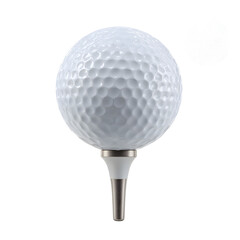 Closeup of a white golf ball on a white tee, isolated on transparent background