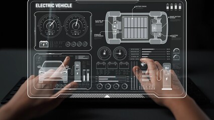 Smart interface showing electric vehicle performance, battery system, power control, charging status, and integration with renewable and grid-based energy sources Marrow