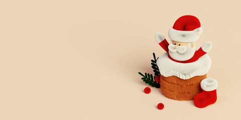Christmas holiday celebration featuring a joyful Santa Claus with festive decorations. 3D render illustration