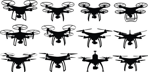 Naklejka premium Drone silhouettes in various designs, quadcopter hexacopter models, aerial photography technology illustration, unmanned flying machines, cad drawing flat vector illustration