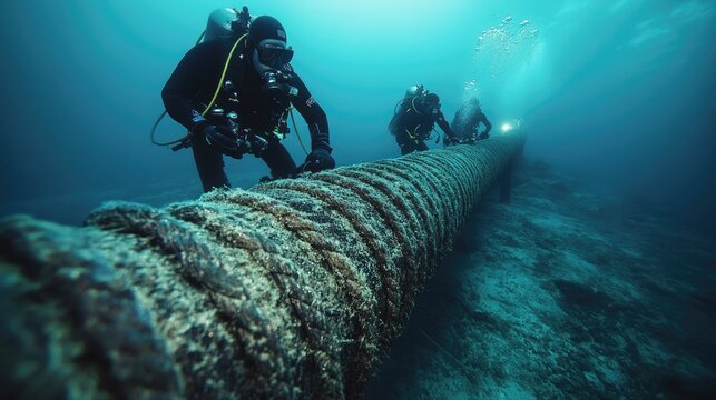 Underwater cable maintenance, Maintenance divers inspecting a submarine cable connection