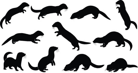 Otter animal silhouettes in various poses, standing walking crouching lying positions, wildlife behavior illustration, aquatic mammal shapes, cad drawing flat vector illustration