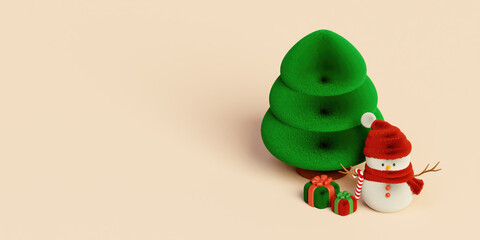 Christmas holiday celebration with festive decorations and snowy characters. 3D render illustration