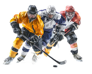 Obraz premium Three hockey players in action during a game, isolated on transparent background