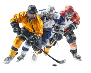 Three hockey players in action during a game, isolated on transparent background