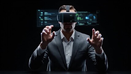 A man in a suit wearing a VR headset interacts with a simulated environment. Dramatic lighting emphasizes the technology - Powered by Adobe