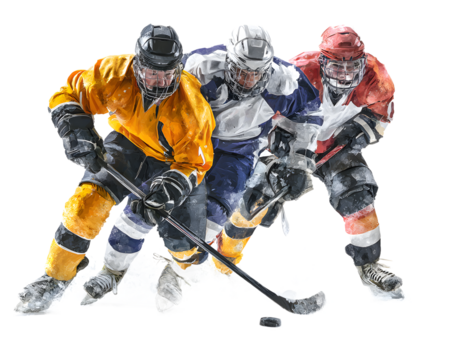 Three hockey players in action during a game, isolated on transparent background