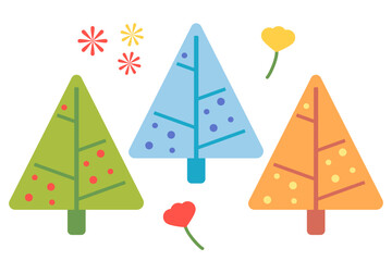 Colorful pastel pine tree and tiny flower clip art.Scandinavian woodland folk design.Abstract beautiful background.Nature forest illustration for print decorate,banner,happy season,Christmas holiday
