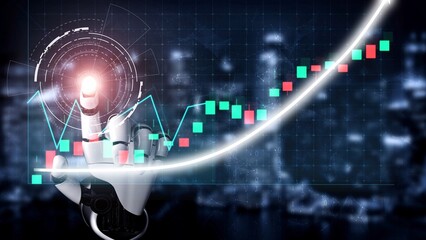 A futuristic robotic hand touches a digital stock market graph, representing advanced technology in finance and the analysis of market growth and trends. Copula
