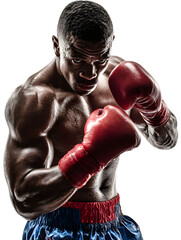 A powerful black boxer with red gloves and blue shorts, showing intense focus and muscular physique, isolated on transparent background