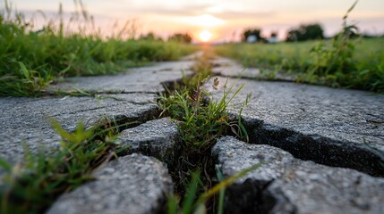 Fototapeta premium Cracked pavement pathway illustrates nature reclaiming built environment near horizon at sundown