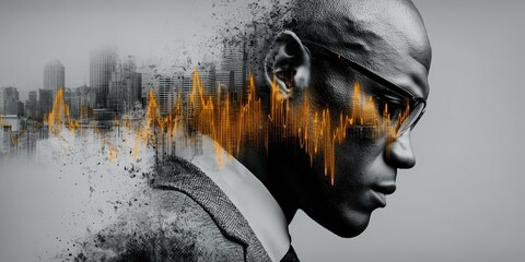 Image of a businessman overlaid with a big city and stock chart lines
