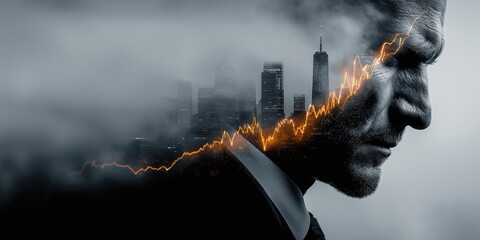 Image of a businessman overlaid with a big city and stock chart lines