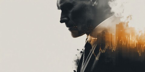Image of a businessman overlaid with a big city and stock chart lines