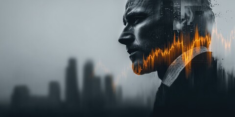 Image of a businessman overlaid with a big city and stock chart lines