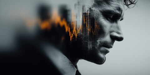 Image of a businessman overlaid with a big city and stock chart lines
