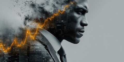 Image of a businessman overlaid with a big city and stock chart lines