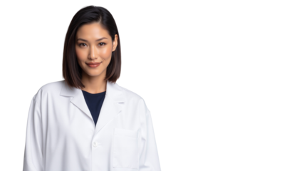 Confident Asian female doctor or scientist in a lab coat, smiling at the camera, isolated on transparent background