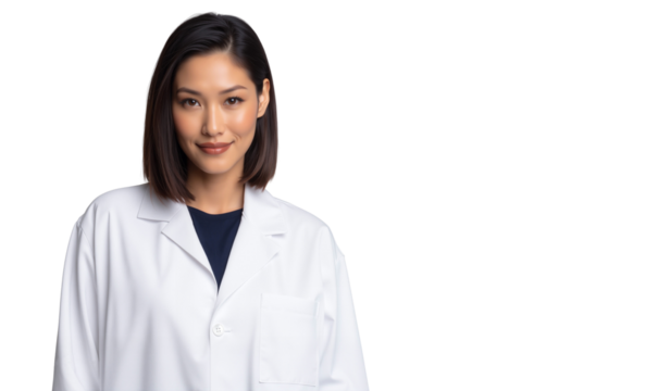 Confident Asian female doctor or scientist in a lab coat, smiling at the camera, isolated on transparent background