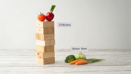 Strong Tower of Healthy Vegetables and Wooden Blocks on Table