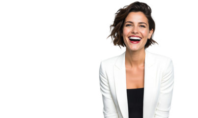 Joyful young businesswoman with a bright, genuine laugh, showing positive energy, isolated on transparent background
