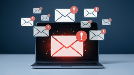 Laptop Displaying Glowing Red Email Icon with Exclamation Mark Surrounded by Multiple Alert Notifications Symbolizing Spam Phishing and Cyber Security Threats on Digital Network