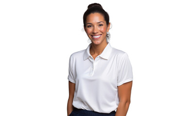 Friendly woman in a clean white polo shirt, smiling genuinely, isolated on transparent background