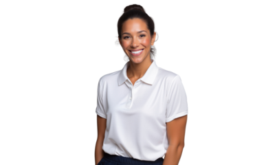 Friendly woman in a clean white polo shirt, smiling genuinely, isolated on transparent background
