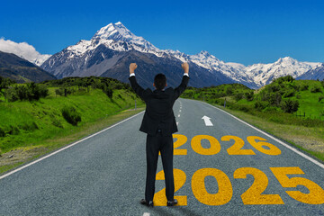 Fototapeta na wymiar 2026 New Year journey and future vision concept . Businessman traveling on highway road leading forward to happy new year celebration in beginning of 2026 for glee and successful start . Fototapeta na wymiar 2026 New Year journey and future vision concept . Businessman traveling on highway road leading forward to happy new year celebration in beginning of 2026 for glee and successful start .