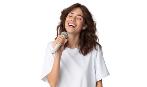 Happy young woman with closed eyes and a wide smile, passionately singing into a microphone, enjoying music and performance