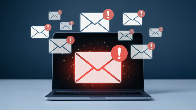 Laptop Displaying Glowing Red Email Icon with Exclamation Mark Surrounded by Multiple Alert Notifications Symbolizing Spam Phishing and Cyber Security Threats on Digital Network