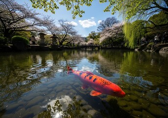 Koi Carp in Serene Japanese Garden Pond with Cherry Blossoms.