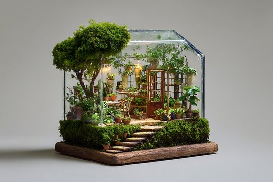 A miniature greenhouse with living plants smaller than pinheads 