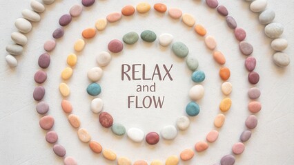 Tranquil Spiral of Colorful Stones with Relax and Flow Text
