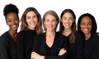 Group of smiling businesswomen, showing confidence, teamwork, and female empowerment, isolated on transparent background