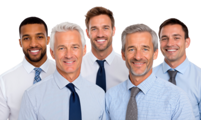 Group of smiling businessmen of various ages, embodying teamwork, professionalism, and corporate success, isolated on transparent background