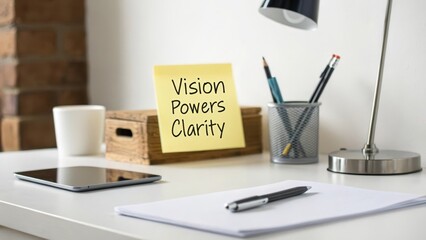 Vision Powers Clarity on Desk with Stationery and Technology Elements