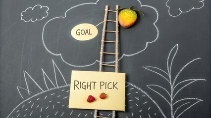 Visual Metaphor of Goal Achievement with Ladder and Fruits on Chalkboard