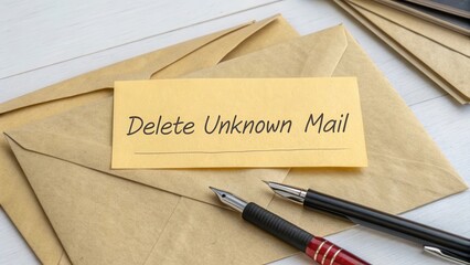 Stylish Desk Setup with Envelopes and Delete Unknown Mail Note