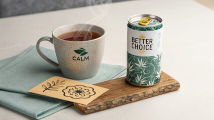 Warm Beverage with Tea, Herbal Can, and Relaxation Elements