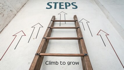 Wooden Ladder Against Wall with Steps and Arrows for Growth