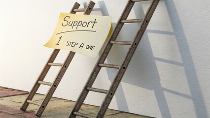 Wooden Ladders with Support Sign on Wall for Guidance and Help