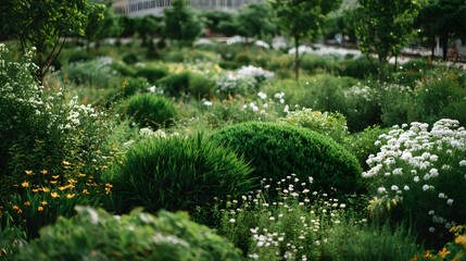 Lush green landscaping features dense plantings of varied flowering shrubs and grasses in an urban setting