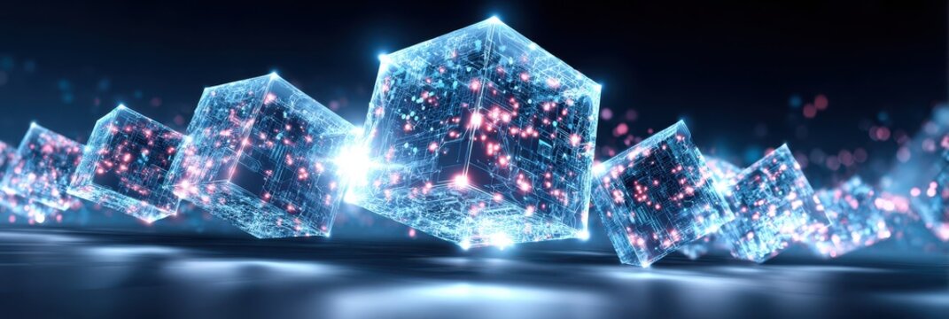 Creative 3D illustration of Planning Scope monitoring operation program review logistics as floating cubes of data and motion