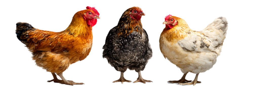 Three chickens, a golden comet, a black speckled hen, and a white speckled hen, standing together isolated on transparent background
