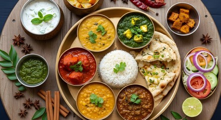 Overhead shot of indian thali with various curries, rice, naan, and condiments, showcasing the diverse and flavorful cuisine of india