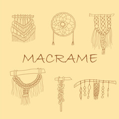 Minimalist line art of boho macrame wall hangings, handmade knots and natural rope decorations, isolated on a white background, vector illustration in modern boho style.