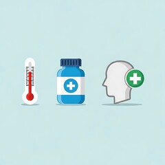 Medical Treatment Icons - Thermometer, Pills, and Mental Health.