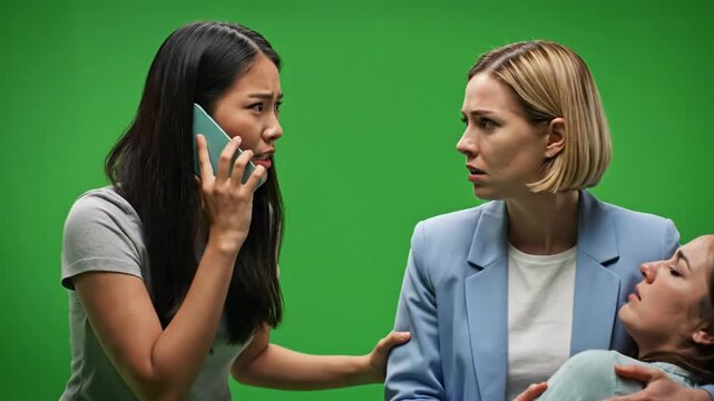 Worried women call for emergency help for unconscious friend on green screen.